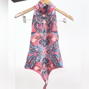 Sleeveless Floral Halter Bodysuit in Pink and Blue